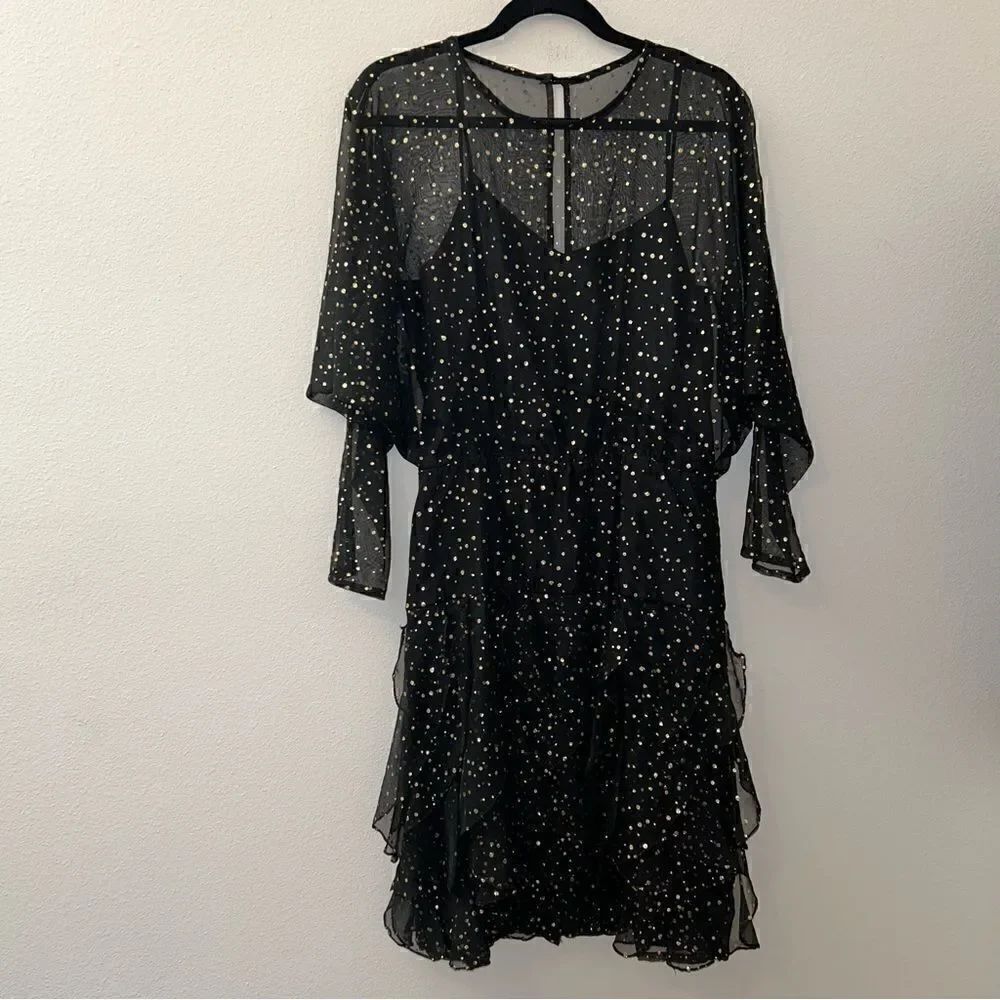 Vintage NightWay Sheer Bat Wing Dolman Sleeve Ruffle Metallic Dress